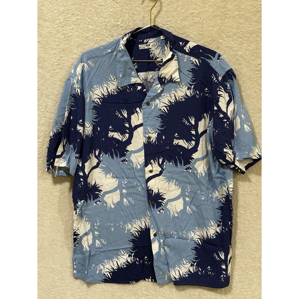Uniqlo‎ Mens Hawaiian Shirt Extra Large Blue White Aloha Button Waves Rayon